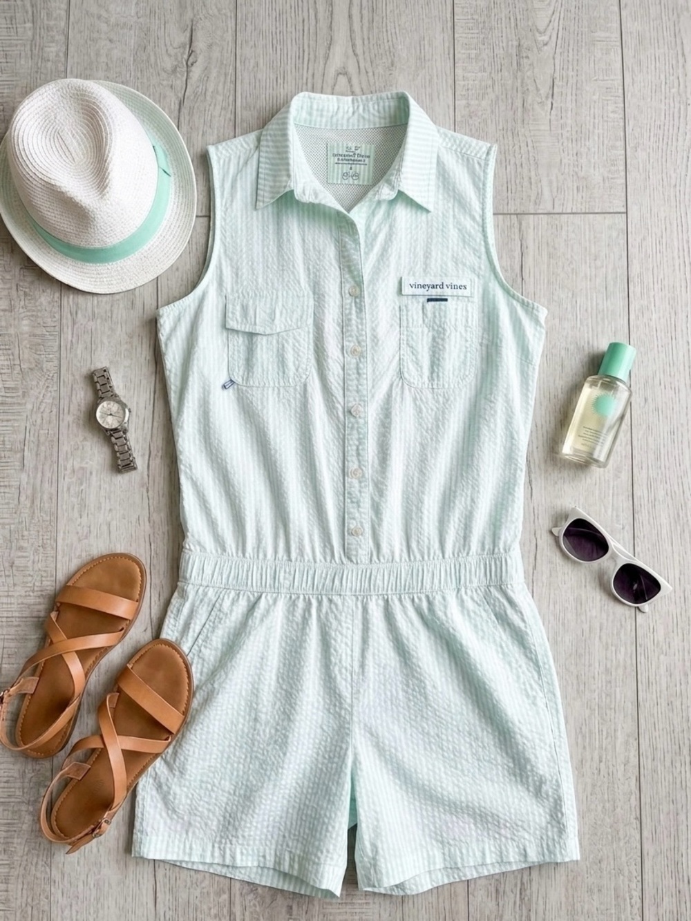 Vineyard Vines Women’s Sleeveless Seersucker One-Piece Romper in Mint Green